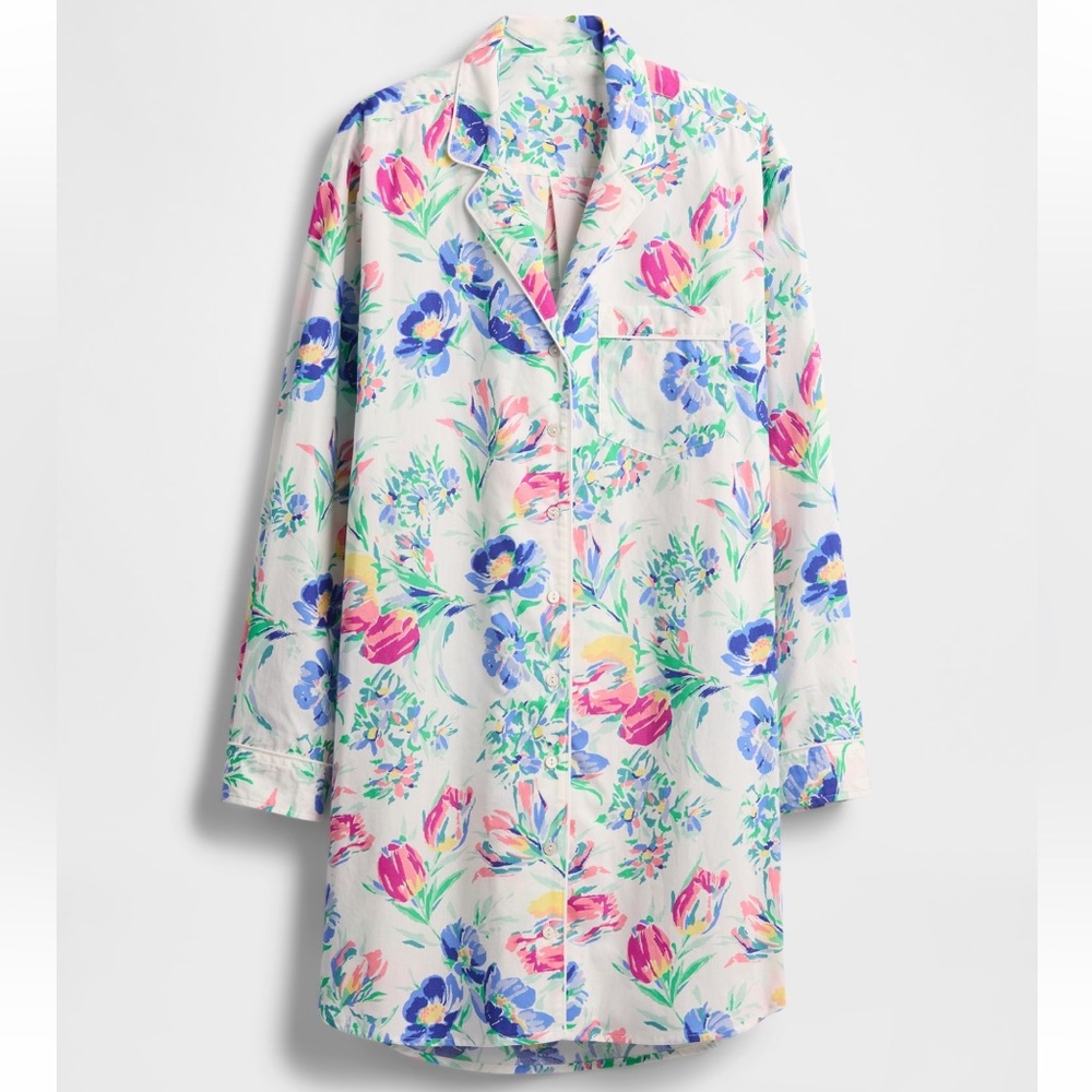 Women Gap Poplin Long sleeves PJ Shirtdress Floral pajamas Cotton 100%, L, NEW